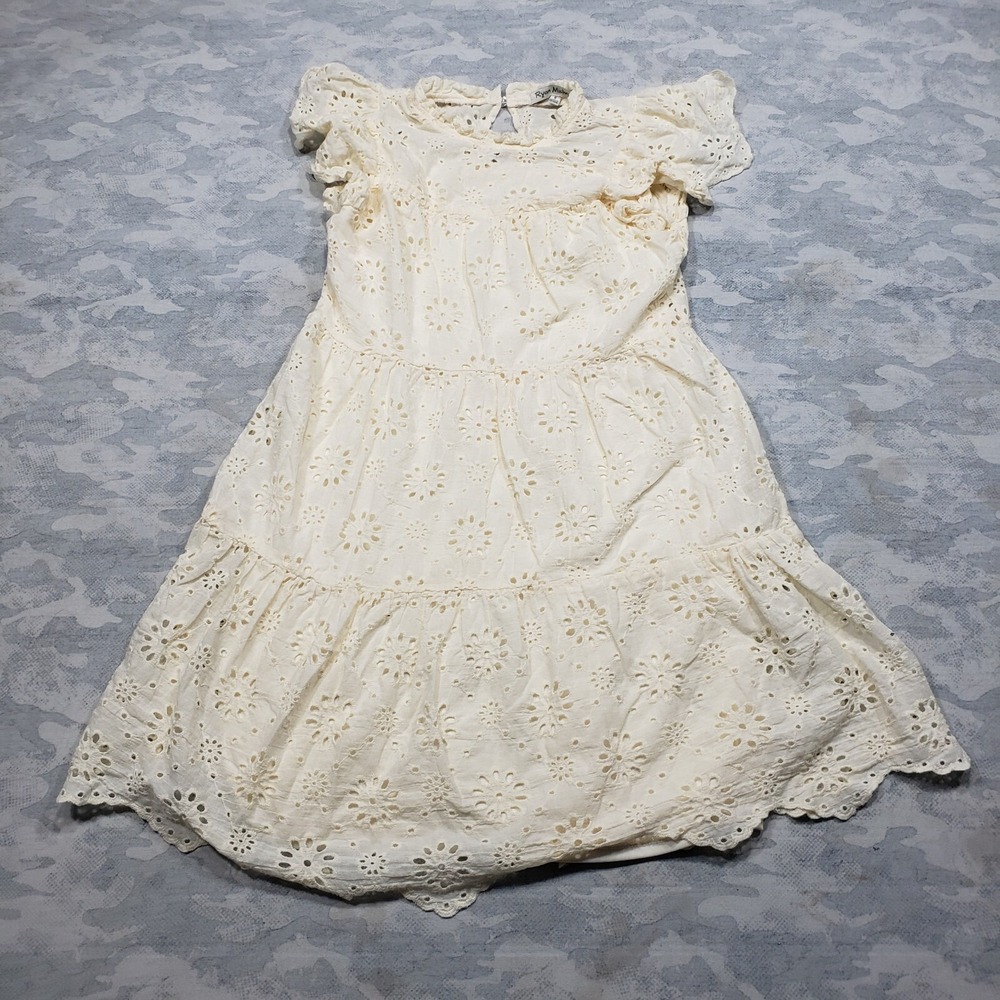 Ryan Michelle Dress Womens Small Biege Short Sleeve Midi Embroidered Floral